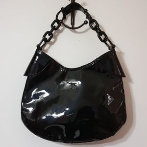 Burberry black patent satchel handbag